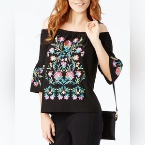 INC International Concepts Black Off The Shoulder Embroidered Blouse Women Large